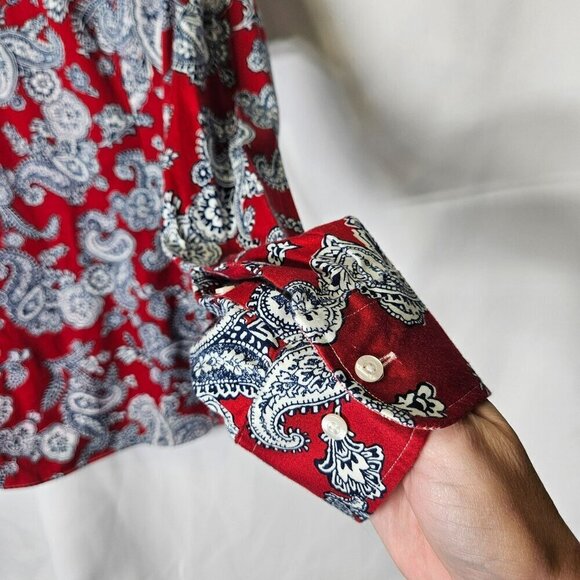Chaps XL Long Sleeve Button-Down Paisley Shirt No Iron 100% Cotton Red & Blue - Picture 6 of 9